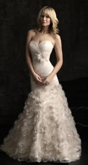 Champagne colored wedding dress with ruffled skirt 
